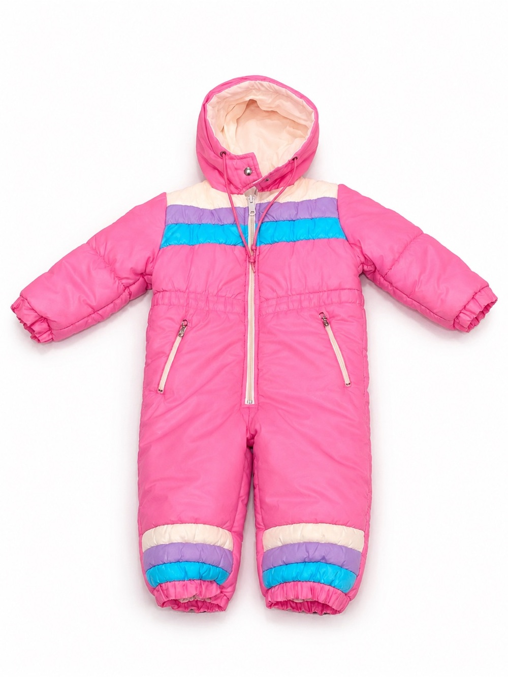 Vintage 80s 90s Sears Pink Snowsuit With Hood And White Purple And Blue Stripes